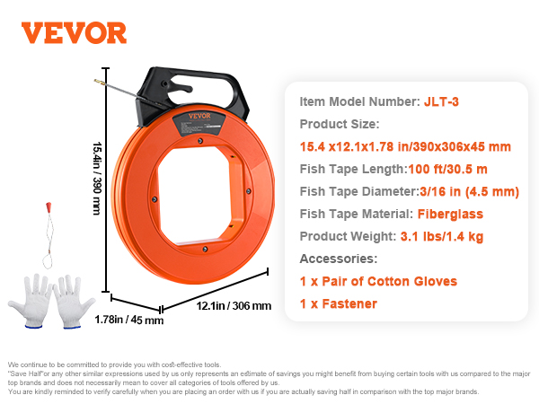 VEVOR fish tape, 100ft/30.5m length, 3/16in diameter, fiberglass, includes cotton gloves and fastener.