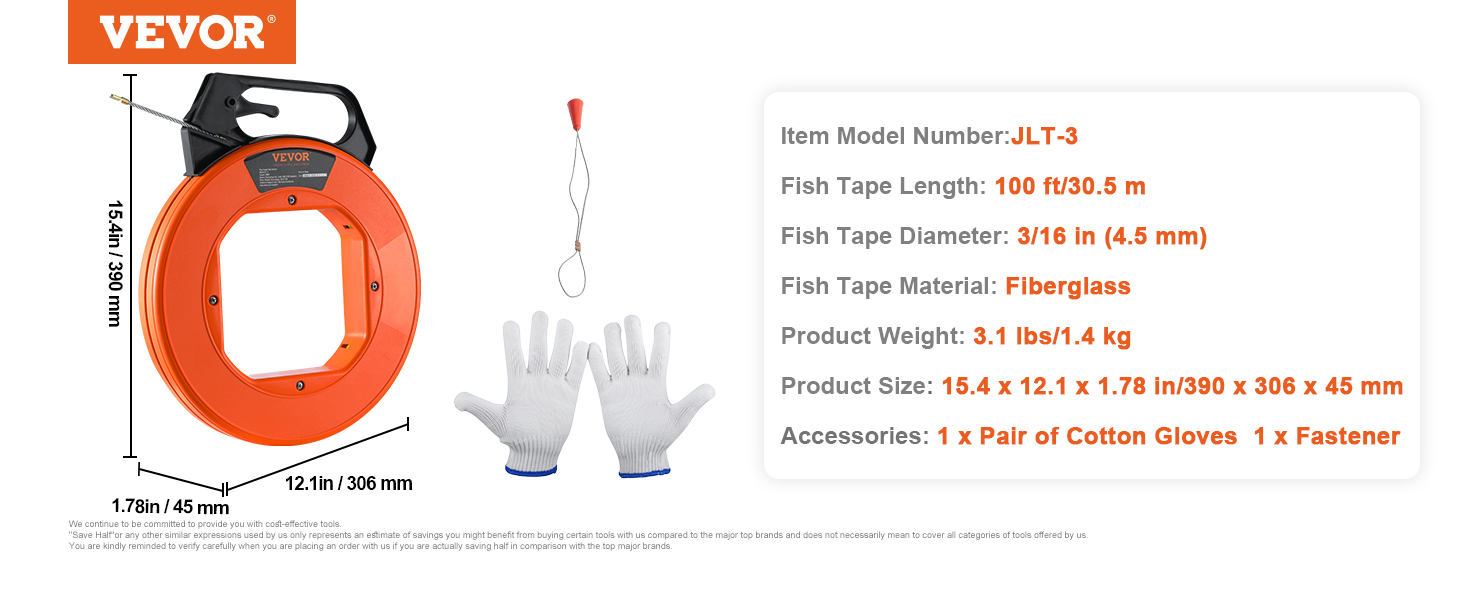 VEVOR fish tape, 100ft/30.5m length, 3/16in diameter, fiberglass, includes cotton gloves and fastener.