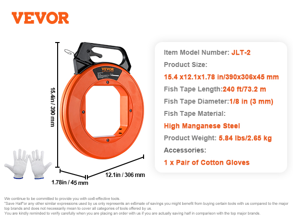 VEVOR zivju lente jlt-2, 240 ft, 1/8 collas, augstas kvalitātes mangāna tērauds, 5,84 lbs, komplektā ietilpst kokvilnas cimdi.
