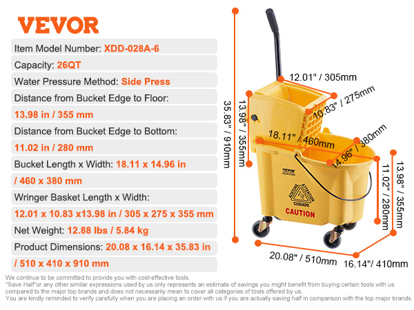 VEVOR mop bucket with wringer 26qt, side press, measurements, yellow caution bucket.