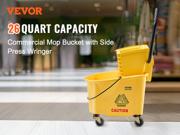 VEVOR mop bucket with wringer, 26 quart capacity, yellow, on a modern indoor floor.