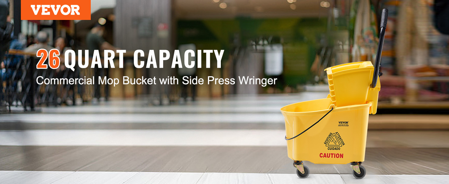 VEVOR mop bucket with wringer, 26 quart capacity, yellow, on a modern indoor floor.