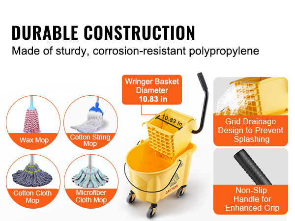 VEVOR mop bucket with wringer, durable polypropylene, non-slip handle, grid drainage design, 10.83 in. basket.