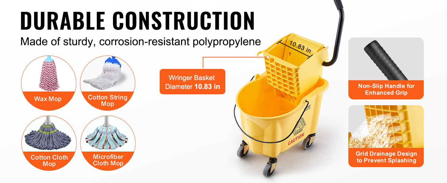VEVOR mop bucket with wringer, durable polypropylene, non-slip handle, grid drainage design, 10.83 in. basket.