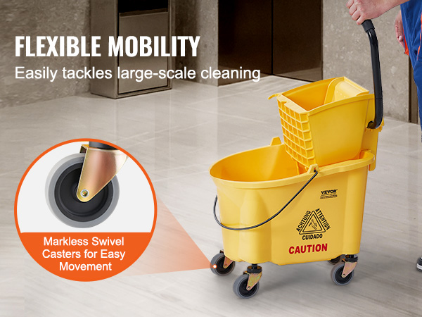 VEVOR mop bucket with wringer showcasing flexible mobility and markless swivel casters for easy movement.