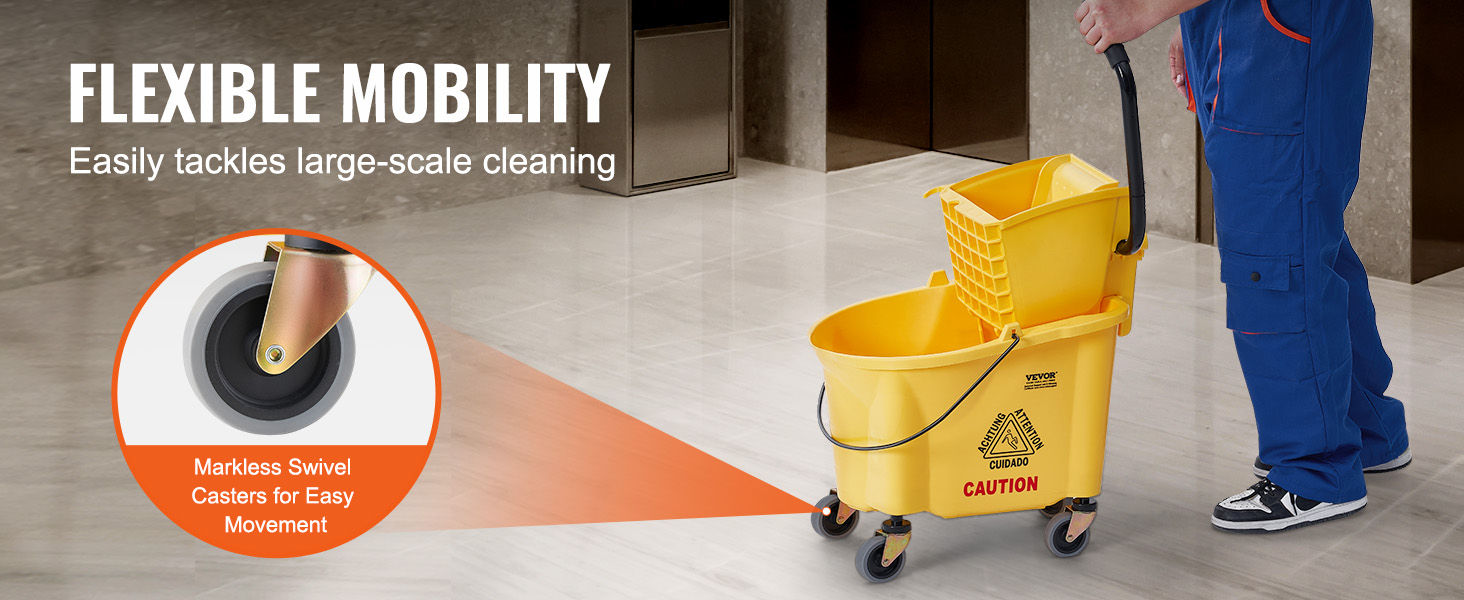 VEVOR mop bucket with wringer showcasing flexible mobility and markless swivel casters for easy movement.