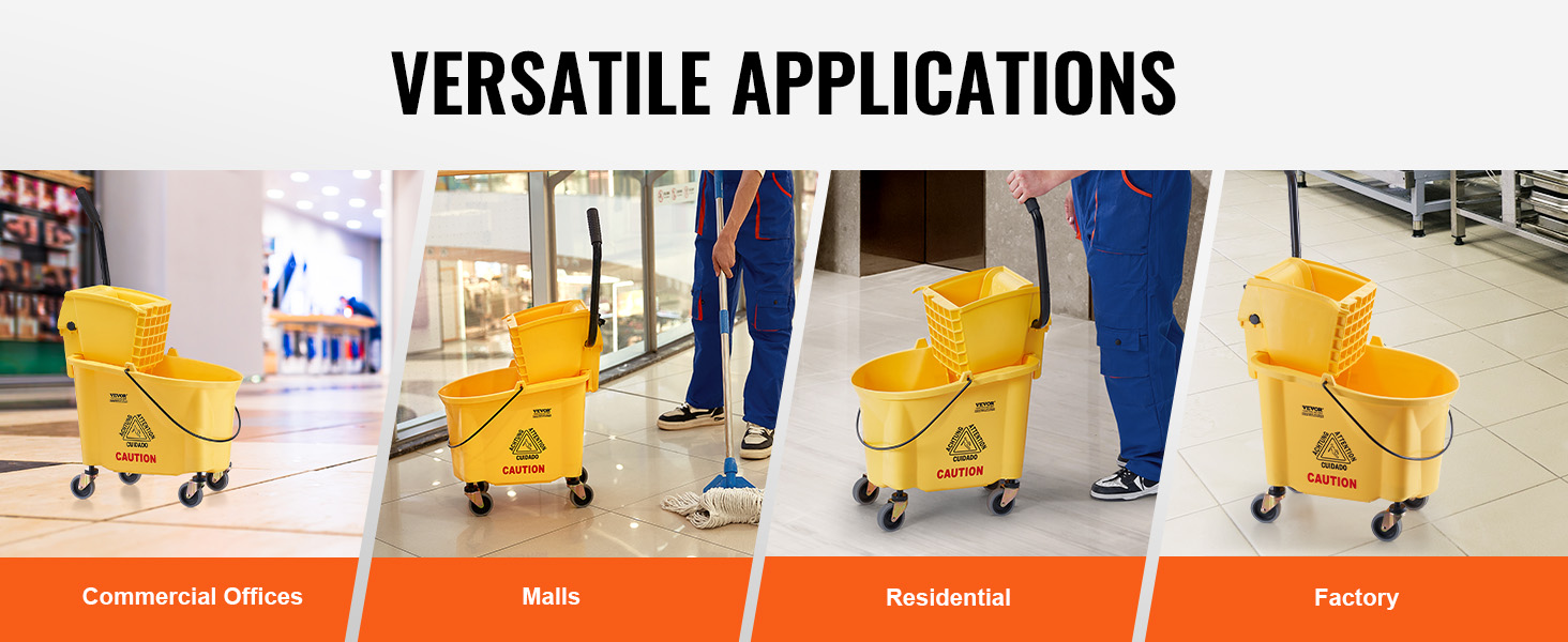 VEVOR mop bucket with wringer in commercial offices, malls, residential, and factory settings.