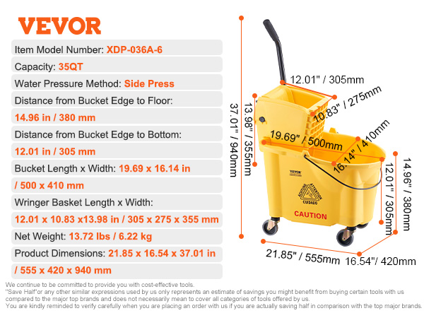 VEVOR mop bucket, 35qt capacity, side press, dimensions 21.85 x 16.54 x 37.01 in (555 x 420 x 940 mm).