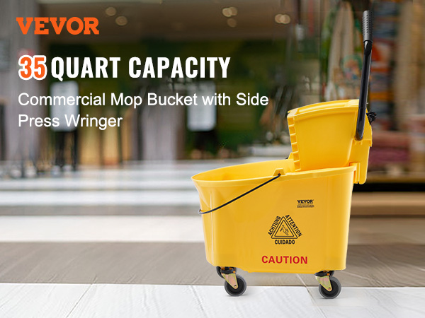 VEVOR mop bucket, 35 quart capacity, yellow bucket with side press wringer on a busy tile floor.