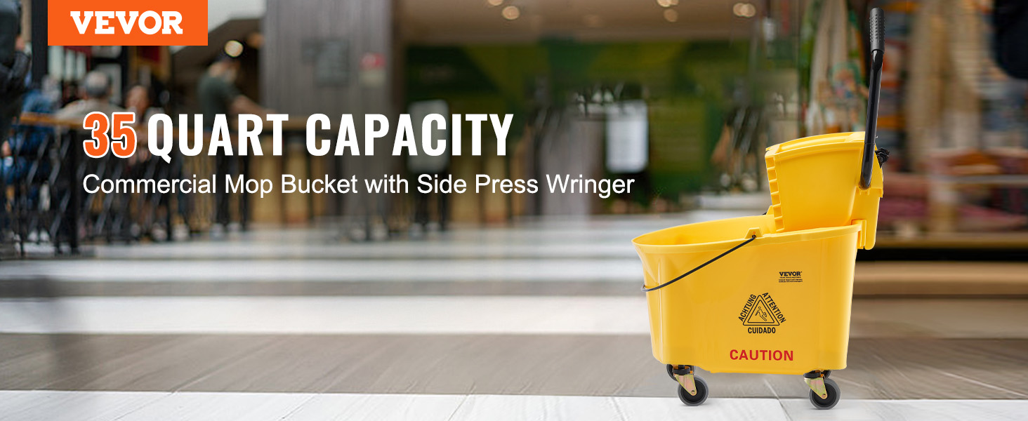 VEVOR mop bucket, 35 quart capacity, yellow bucket with side press wringer on a busy tile floor.