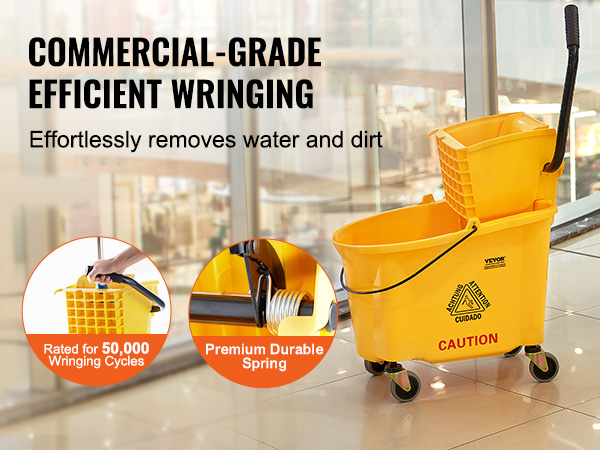 VEVOR mop bucket, commercial-grade, efficient wringing; effortlessly removes water and dirt on shiny floor.