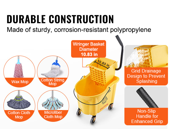 durable VEVOR mop bucket with multiple mop types, non-slip handle, and anti-splash grid drainage design.