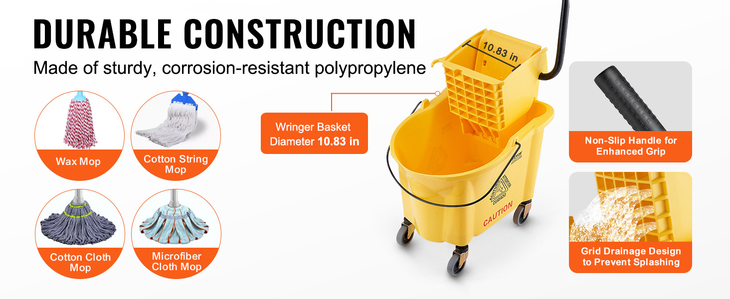 durable VEVOR mop bucket with multiple mop types, non-slip handle, and anti-splash grid drainage design.