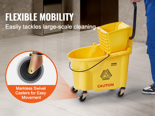 VEVOR mop bucket with markless swivel casters for flexible mobility and large-scale cleaning.