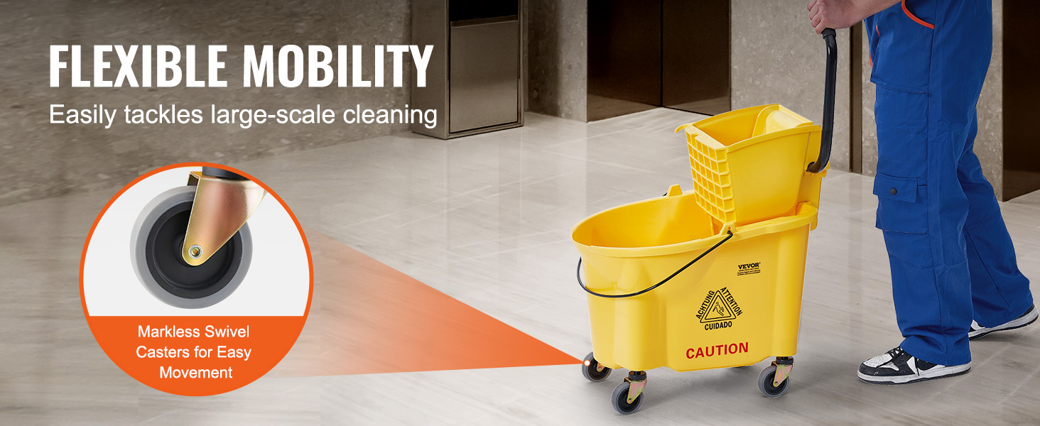 VEVOR mop bucket with markless swivel casters for flexible mobility and large-scale cleaning.