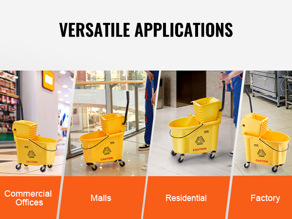 VEVOR mop bucket in commercial offices, malls, residential, and factory settings for versatile applications.