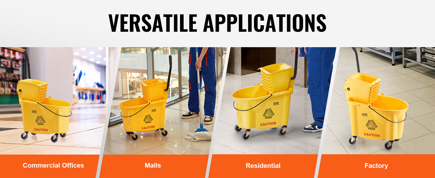 VEVOR mop bucket in commercial offices, malls, residential, and factory settings for versatile applications.