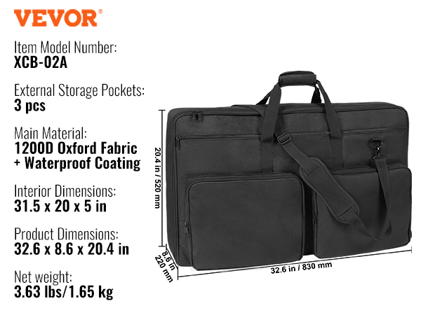 black VEVOR dj mixer bag xcb-02a with 1200d oxford fabric, 3 storage pockets, and waterproof coating.