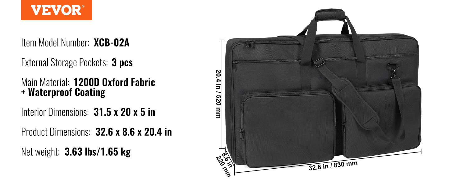 black VEVOR dj mixer bag xcb-02a with 1200d oxford fabric, 3 storage pockets, and waterproof coating.