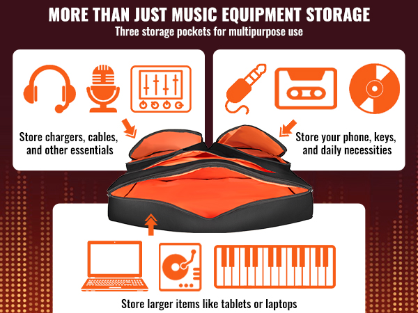 VEVOR dj mixer bag with three storage pockets for accessories, cables, daily items, and larger devices.