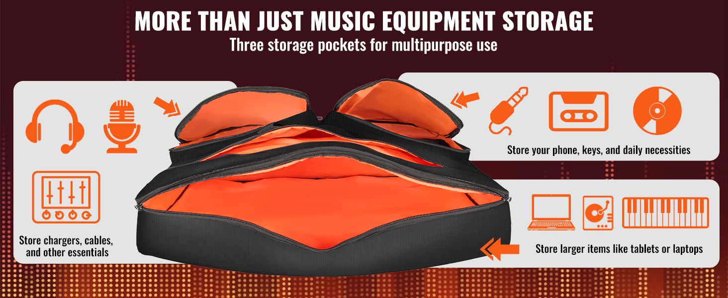 VEVOR dj mixer bag with three storage pockets for accessories, cables, daily items, and larger devices.