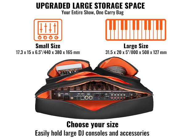 VEVOR dj mixer bag with large storage space, showcasing console compartments and size options.
