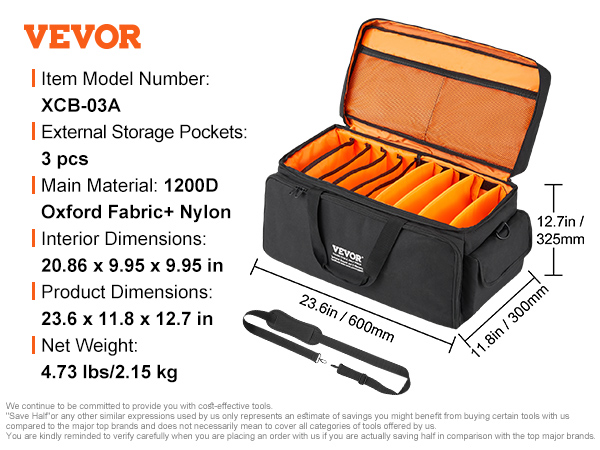 VEVOR dj cable bag made of 1200d oxford fabric with 4 external pockets, 23.6 x 11.8 x 12.7 inches.