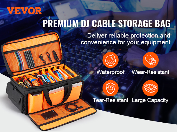VEVOR dj cable bag with compartments, showcasing waterproof, wear-resistant, large capacity features.