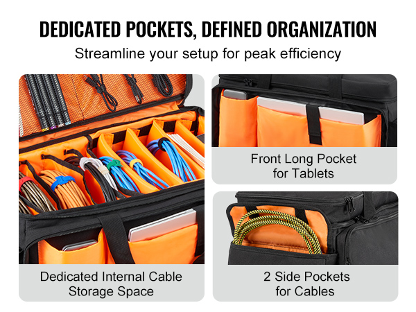 VEVOR dj cable bag with internal cable storage, side pockets, tablet pocket, console compartment.