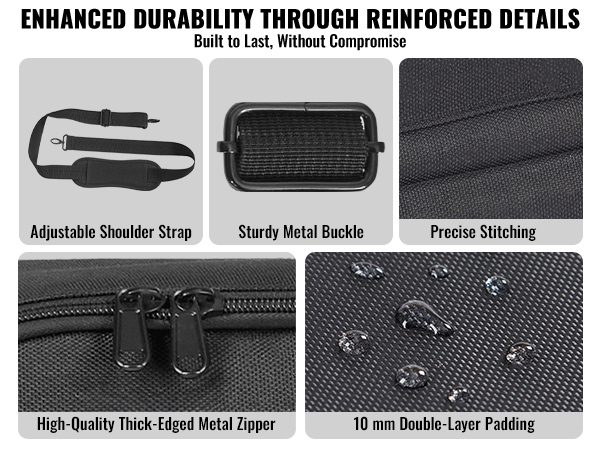 VEVOR dj mixer bag details: adjustable shoulder strap, sturdy metal buckle, thick metal zipper, precise stitching.