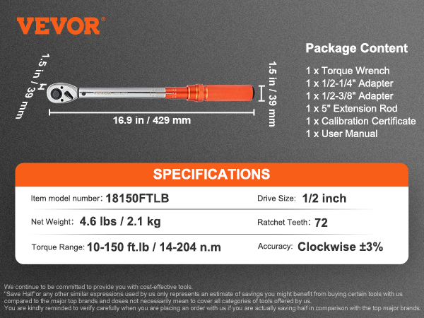 VEVOR torque wrench with a 1/2 inch drive size, 10-150 ft.lb range, and package contents list