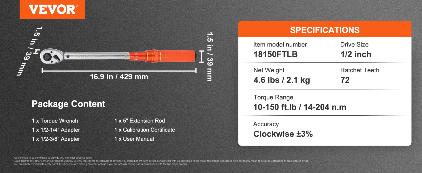 VEVOR torque wrench with a 1/2 inch drive size, 10-150 ft.lb range, and package contents list