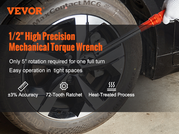 VEVOR torque wrench tightening a car wheel with a 72-tooth ratchet, boasting ±3% accuracy and precision.