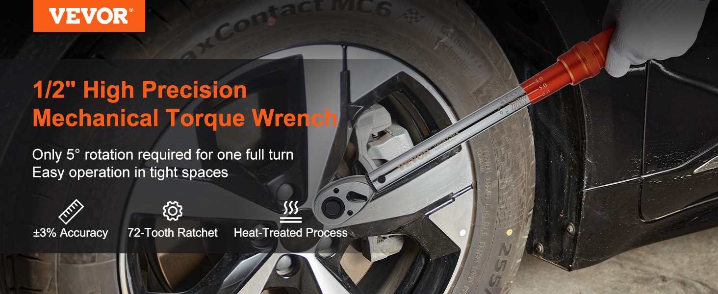 VEVOR torque wrench tightening a car wheel with a 72-tooth ratchet, boasting ±3% accuracy and precision.