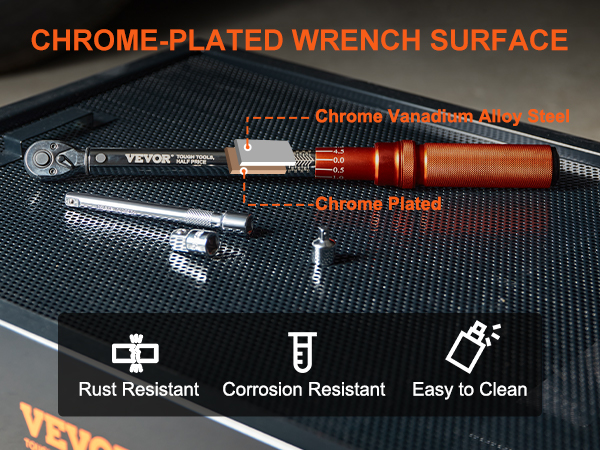 VEVOR torque wrench with chrome-plated surface, rust and corrosion resistant, easy to clean.