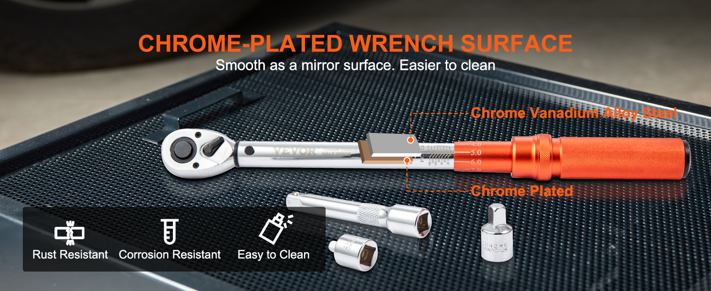 VEVOR torque wrench with chrome-plated surface, rust and corrosion resistant, easy to clean.