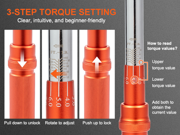 three-step torque setting guide for VEVOR torque wrench with clear instructions: unlock, adjust, lock.