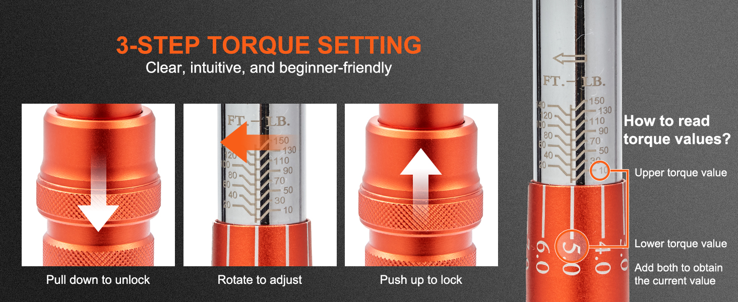 three-step torque setting guide for VEVOR torque wrench with clear instructions: unlock, adjust, lock.