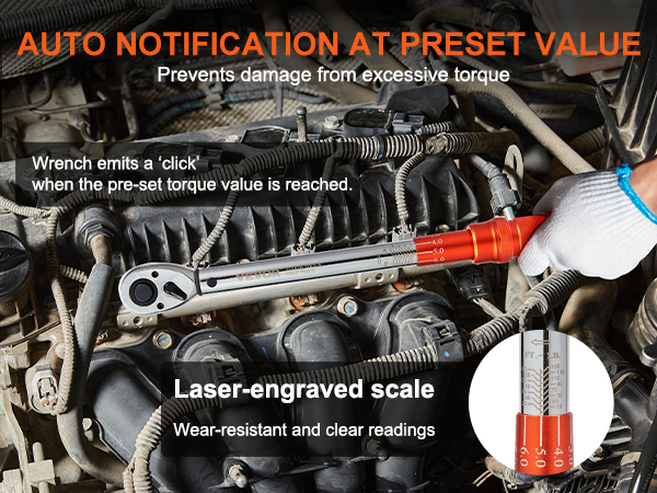 VEVOR torque wrench in use on an engine, featuring an auto notification and laser-engraved scale.