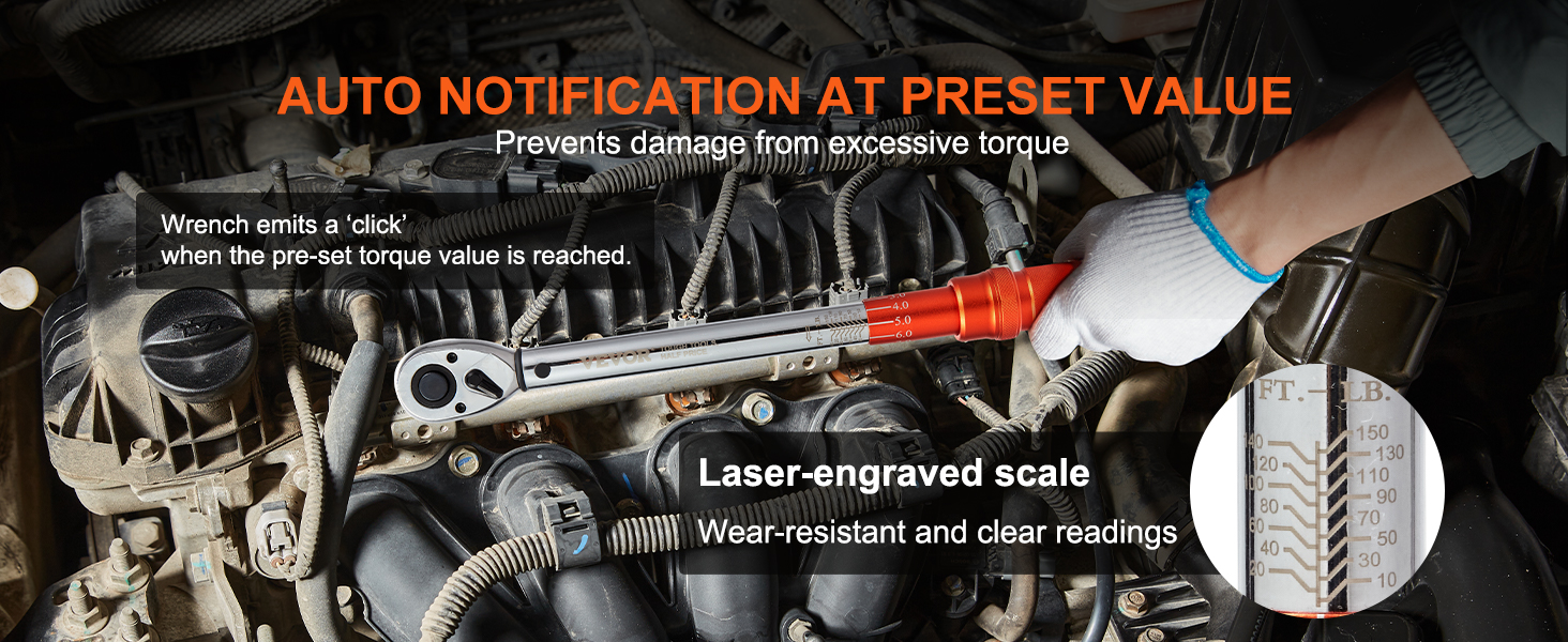 VEVOR torque wrench in use on an engine, featuring an auto notification and laser-engraved scale.
