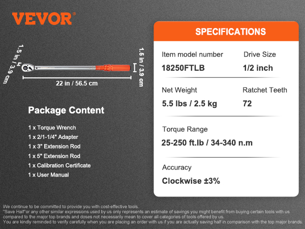 VEVOR torque wrench set with 1/2 inch drive, 25-250 ft.lb range, 72 ratchet teeth, and accessories.