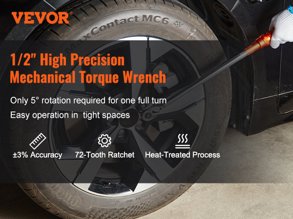 VEVOR torque wrench set in use on a car wheel, showcasing ±3% accuracy and 72-tooth ratchet.