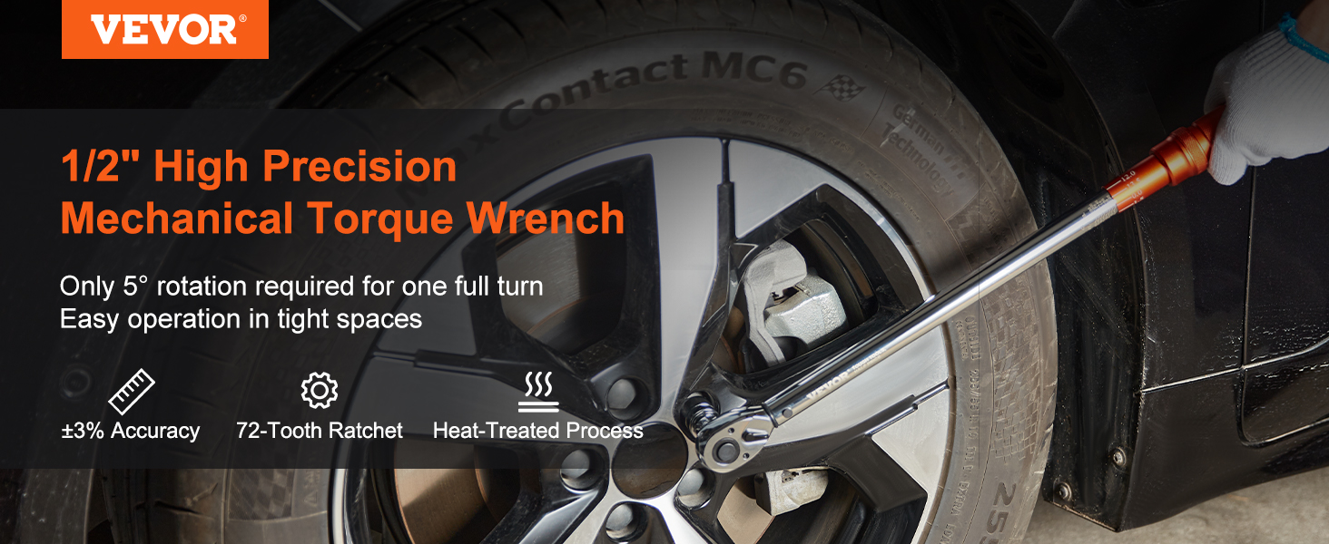 VEVOR torque wrench set in use on a car wheel, showcasing ±3% accuracy and 72-tooth ratchet.
