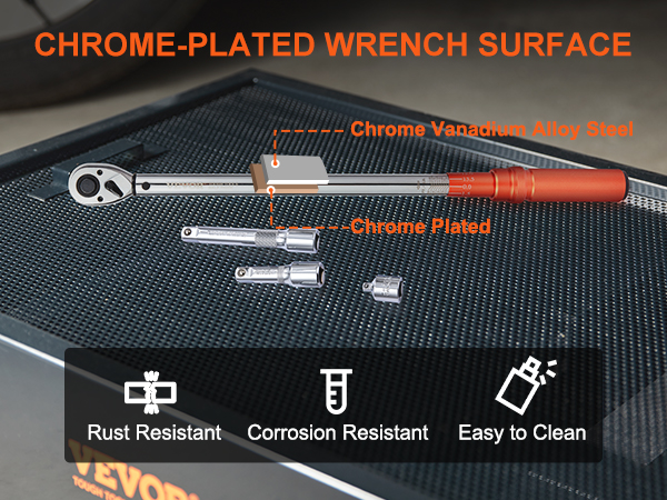VEVOR torque wrench set with chrome vanadium alloy steel, corrosion-resistant, and easy to clean.