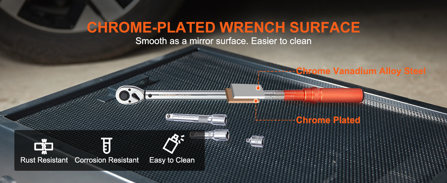 VEVOR torque wrench set with chrome vanadium alloy steel, corrosion-resistant, and easy to clean.