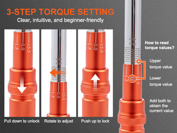 3-step setting for VEVOR torque wrench set, showing unlock, adjust, lock, and torque value reading steps.