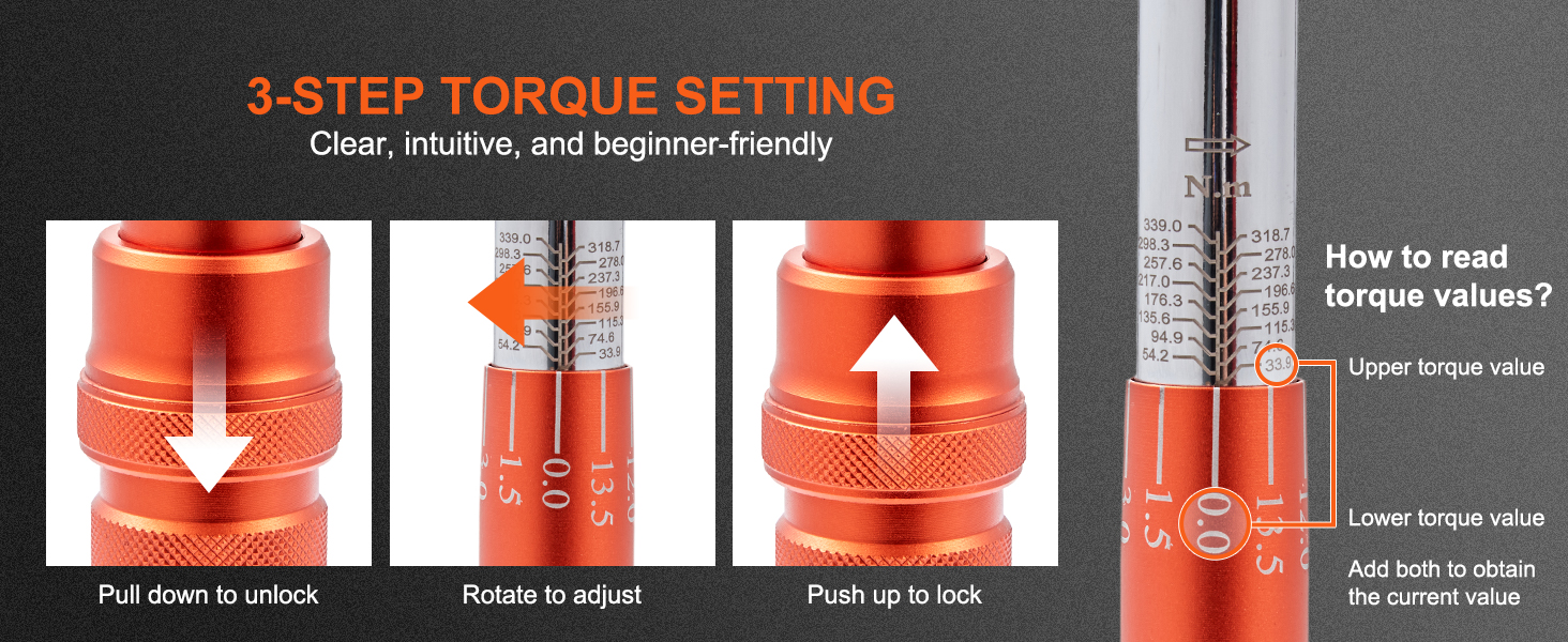 3-step setting for VEVOR torque wrench set, showing unlock, adjust, lock, and torque value reading steps.