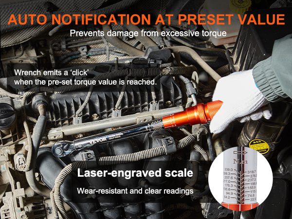 VEVOR torque wrench set with auto notification, laser-engraved scale, and glove holding wrench in engine bay.