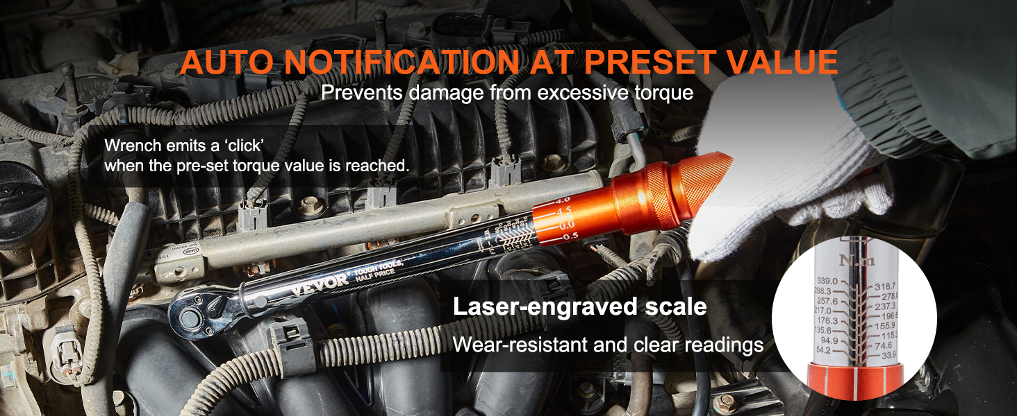 VEVOR torque wrench set with auto notification, laser-engraved scale, and glove holding wrench in engine bay.