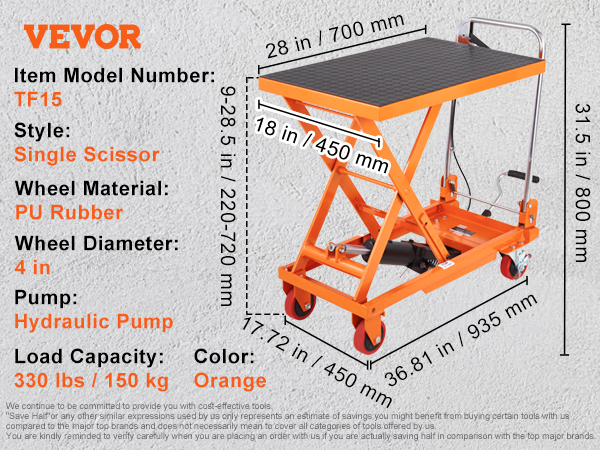 VEVOR hydraulic lift table tf15, single scissor, orange, pu rubber wheels, 330 lbs load capacity.